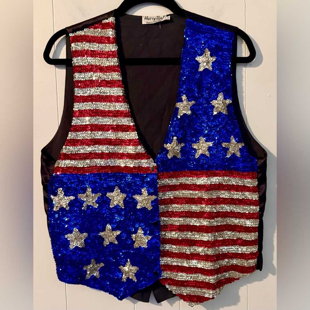 Vintage Flag Vest Hurry Up Sequined Snap-front Vest 36 4th of July Patriotic